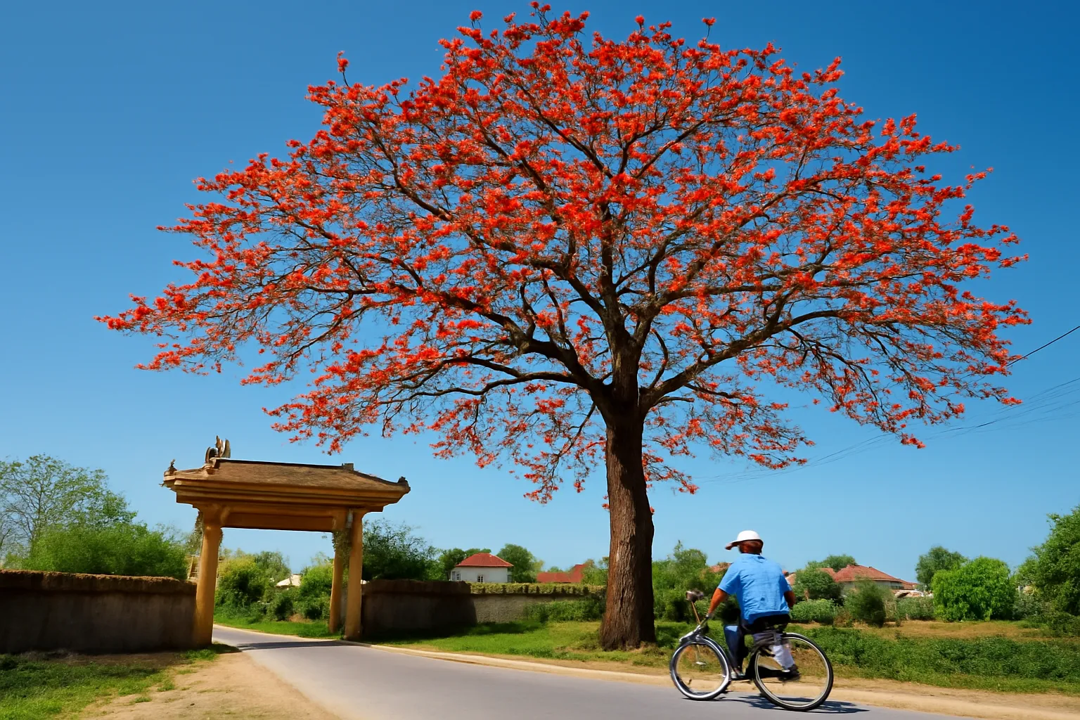 Cây gạo lớn nở hoa đỏ rực ở đầu làng, người đạp xe đi qua
