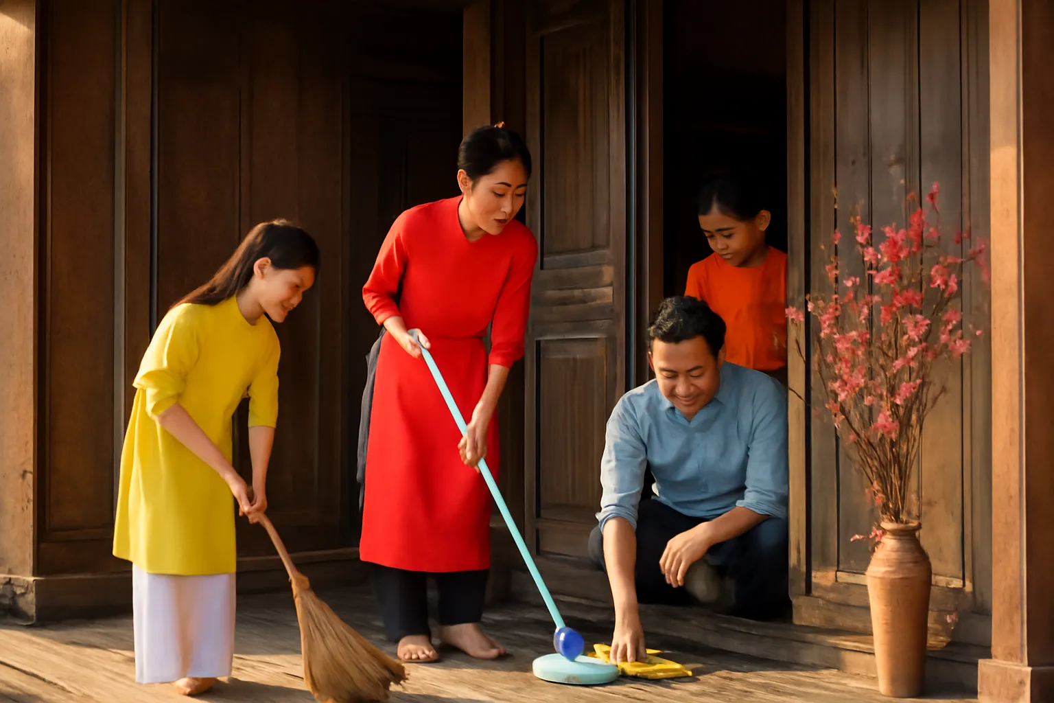Gia đình lau dọn hiên nhà gỗ chiều cuối năm, cành đào hồng đặt bên cửa