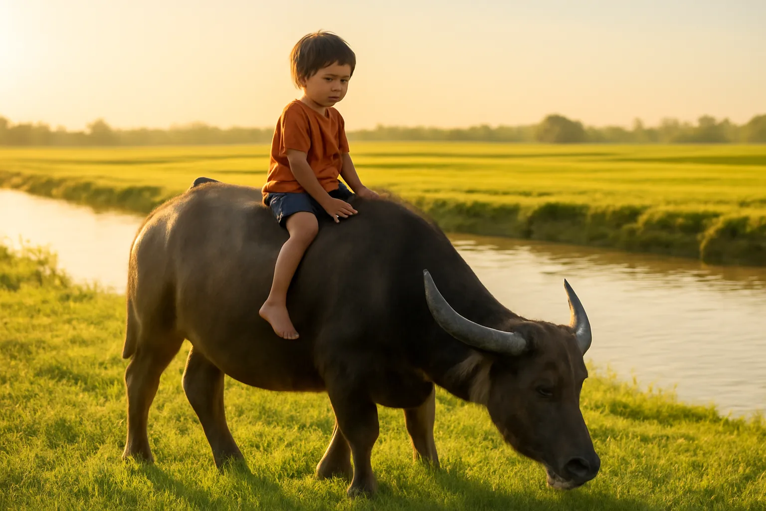 Đứa trẻ ngồi trên lưng trâu ăn cỏ trên con đê lúc chiều muộn