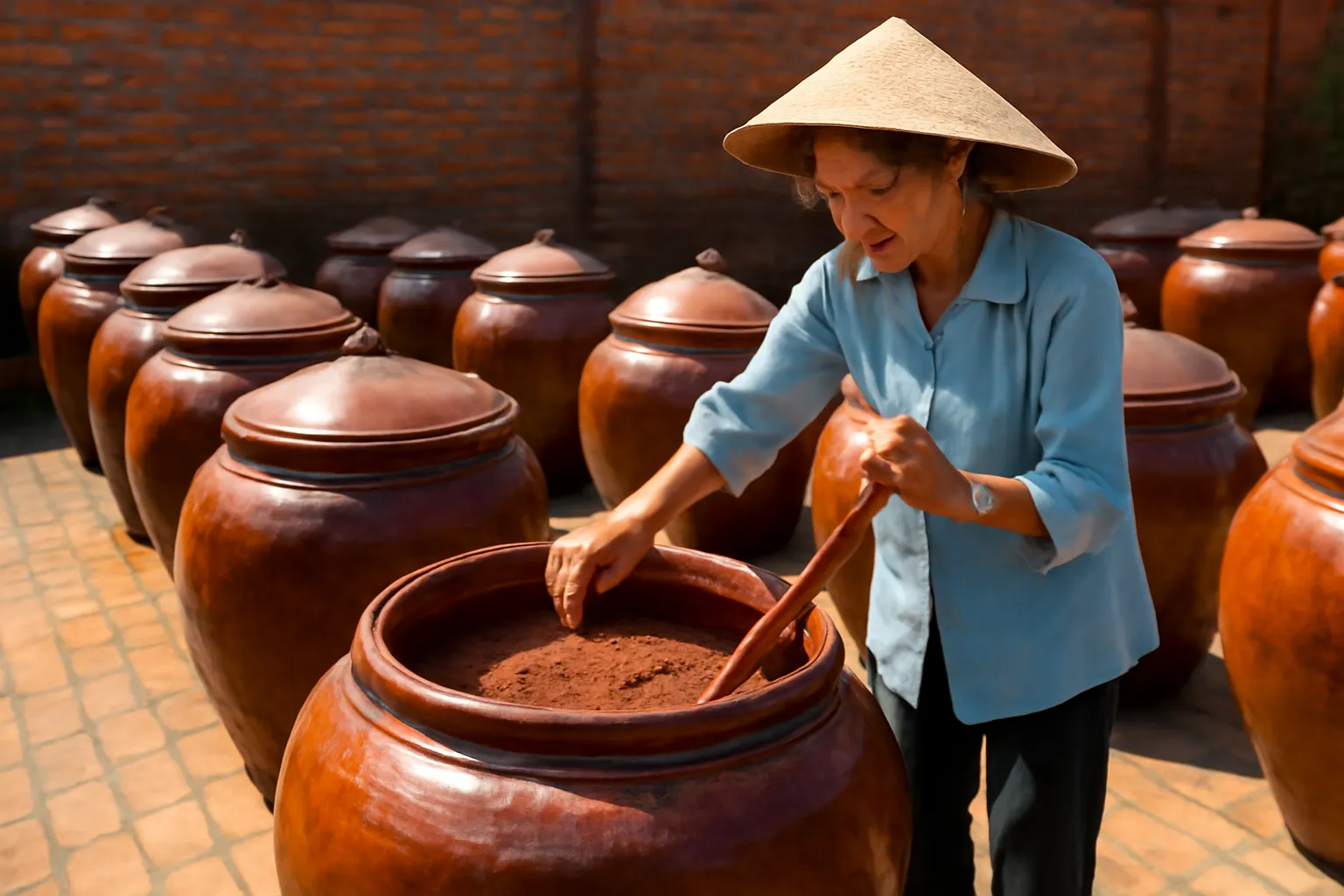 Những chiếc chum sành phơi nắng trên sân gạch, người bà mở nắp chum tương