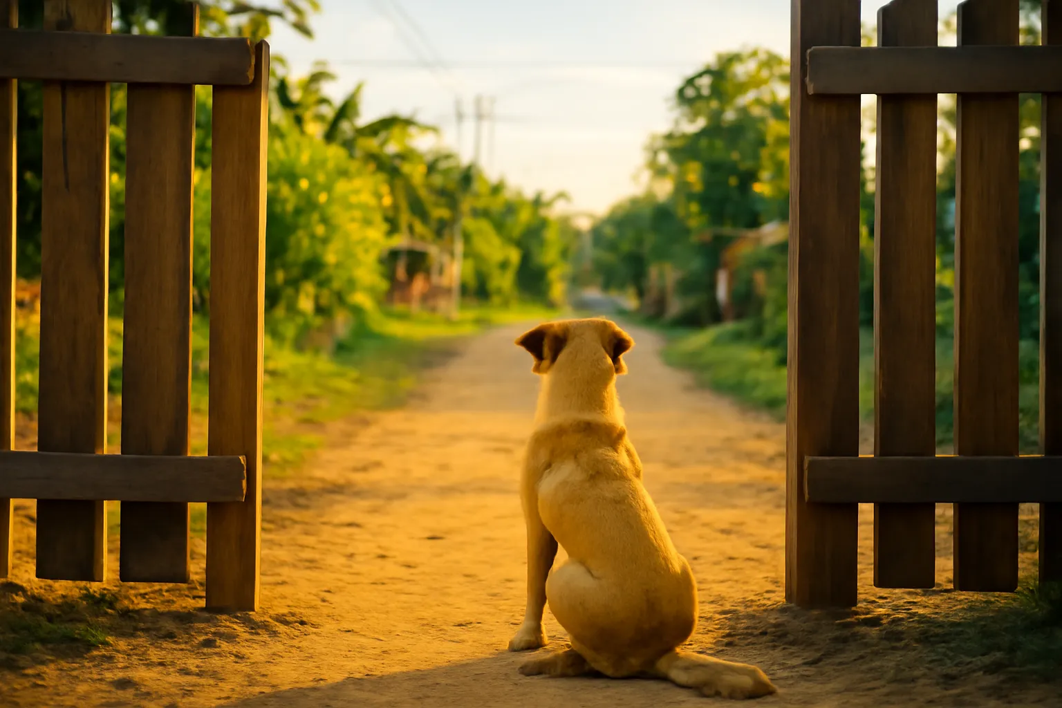 Con chó vàng ngồi đợi ở cổng nhà quê lúc hoàng hôn