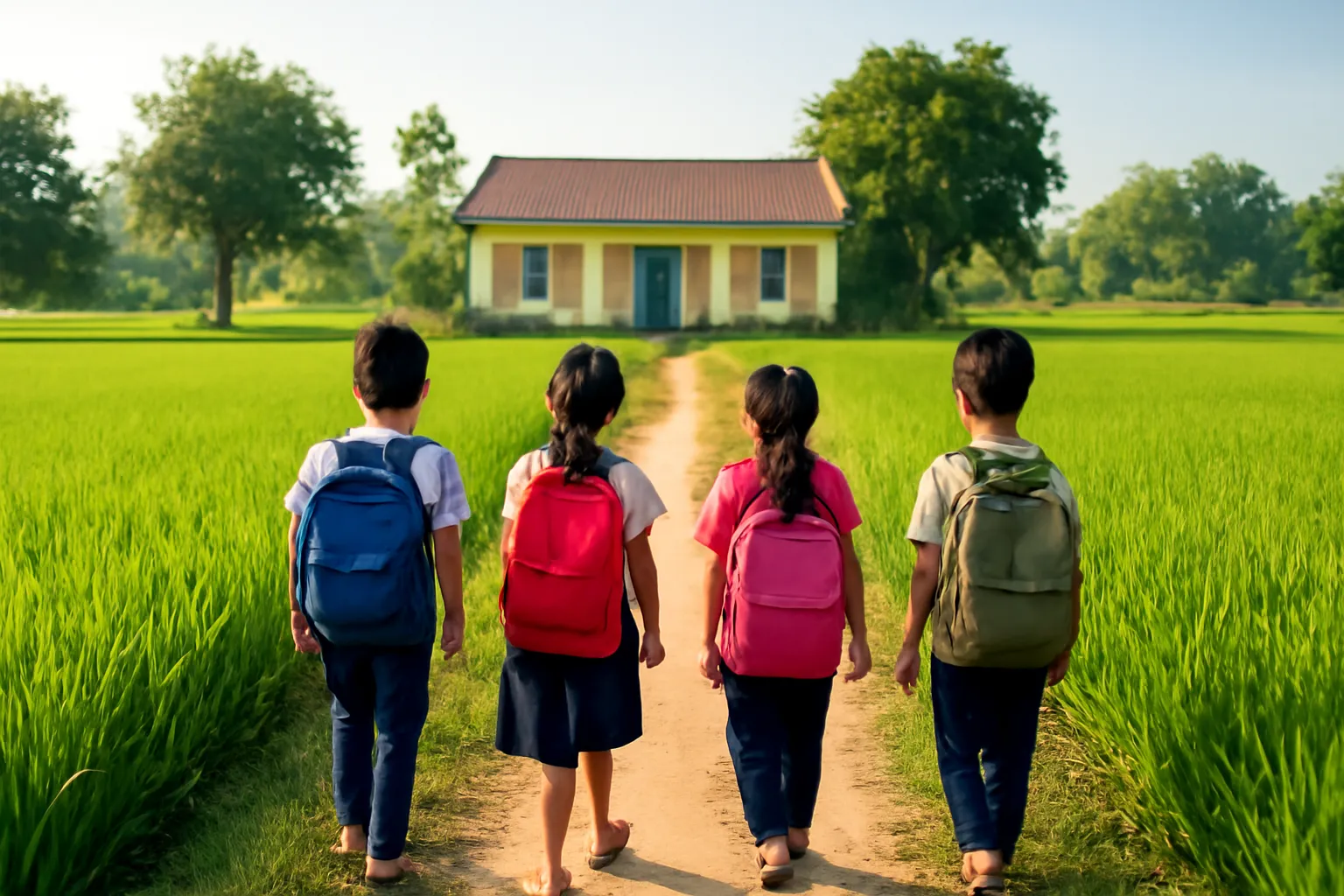 Những đứa trẻ đi trên con đường đất giữa cánh đồng lúa về phía ngôi trường nhỏ buổi sáng
