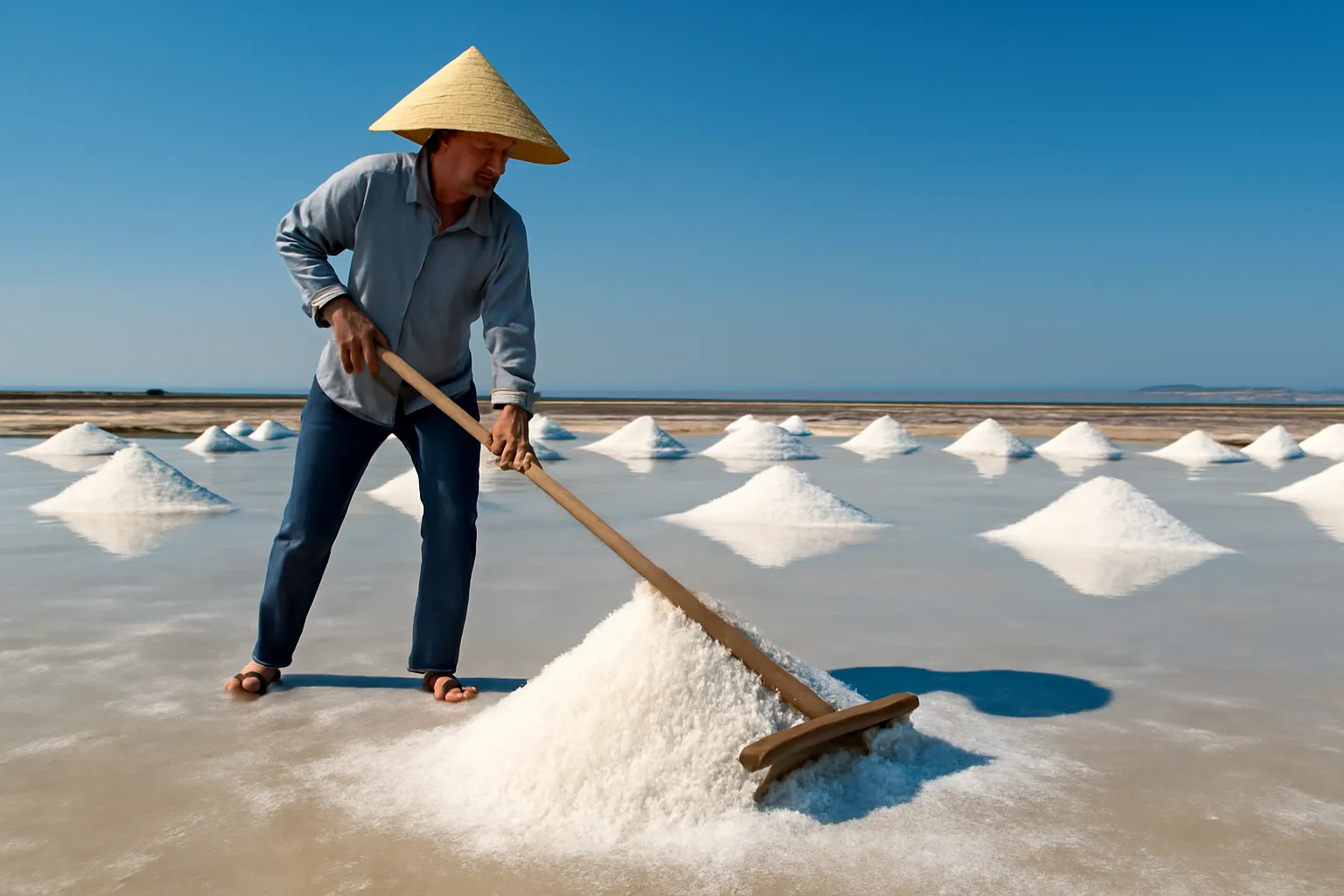 Người làm muối cào muối trắng trên cánh đồng muối dưới nắng gắt