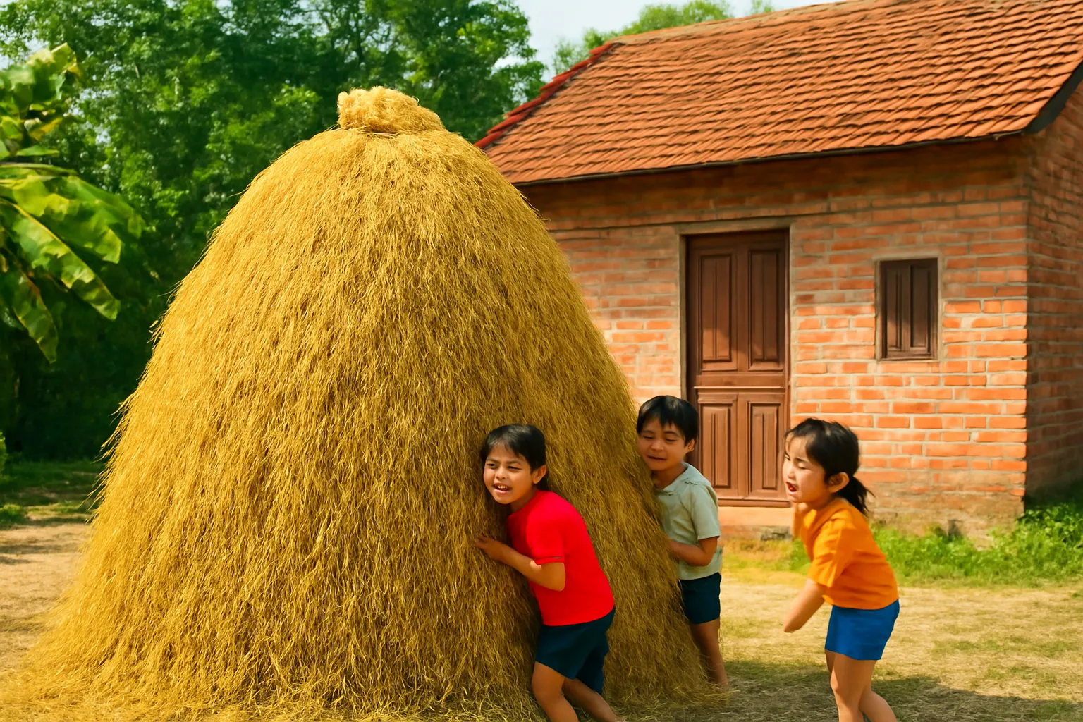 Đống rơm cao bên nhà quê, mấy đứa trẻ chơi đùa quanh đó buổi chiều
