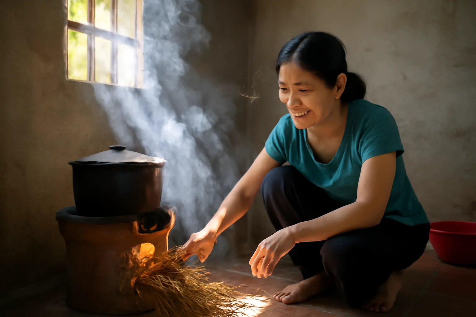 Người mẹ ngồi trước bếp đất đun rơm, khói bay trong vệt nắng ở gian bếp quê