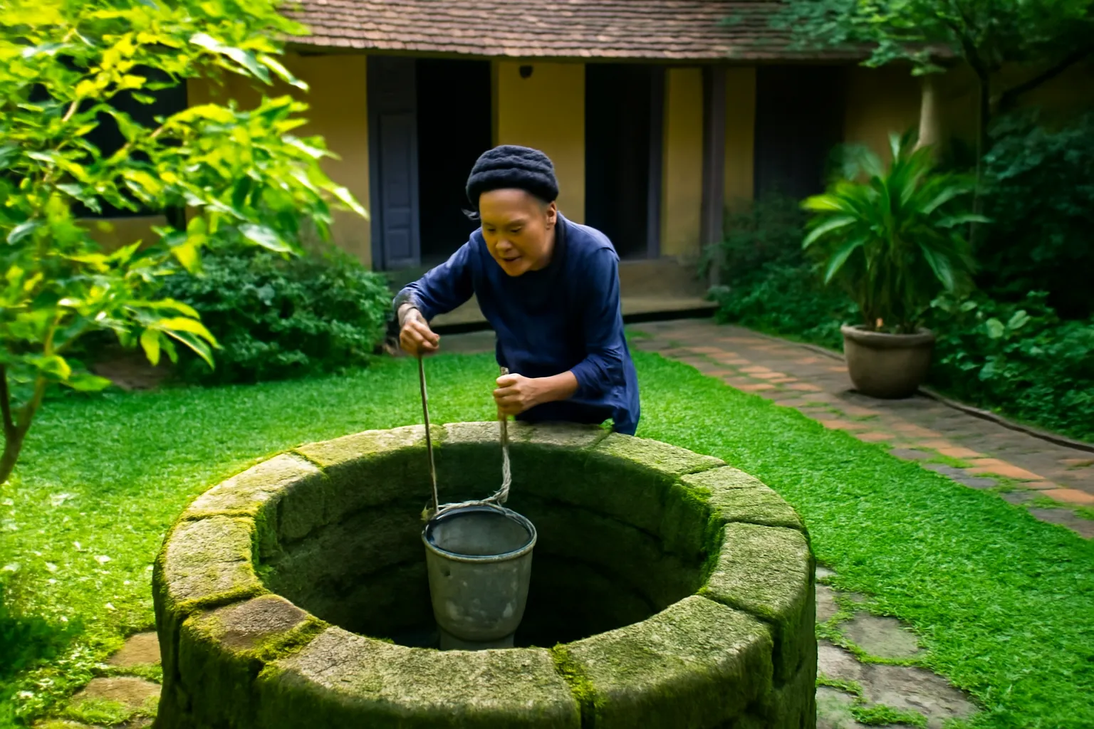 Giếng đá cũ trong vườn, người phụ nữ thả gàu múc nước, nhìn từ trên cao