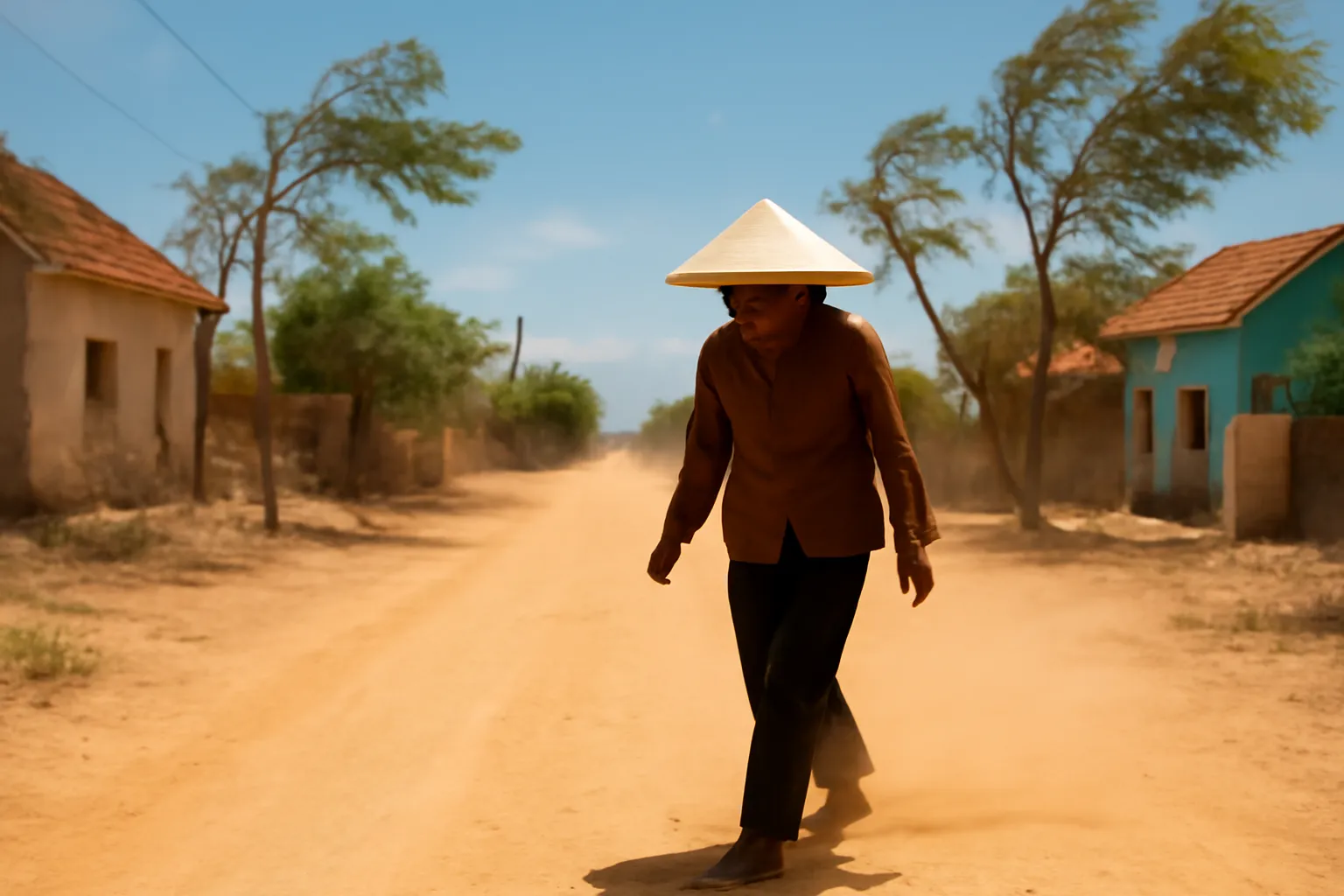 Con đường làng miền Trung nắng gắt, người phụ nữ đội nón đi trong gió bụi
