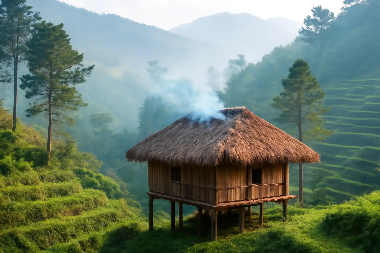 Nhà sàn trên núi lúc bình minh, khói bếp bay lên qua mái lá