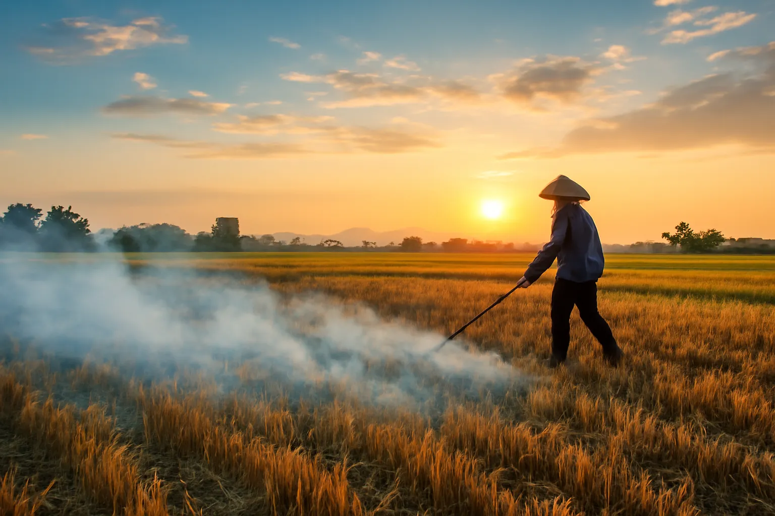 Làn khói mỏng bay trên ruộng lúa đã gặt lúc hoàng hôn, người nông dân cầm cào