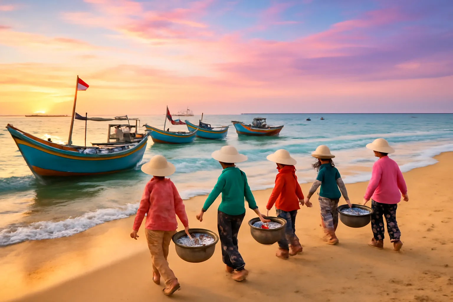 Thuyền đánh cá cập bãi biển lúc bình minh, những người phụ nữ gánh thúng cá