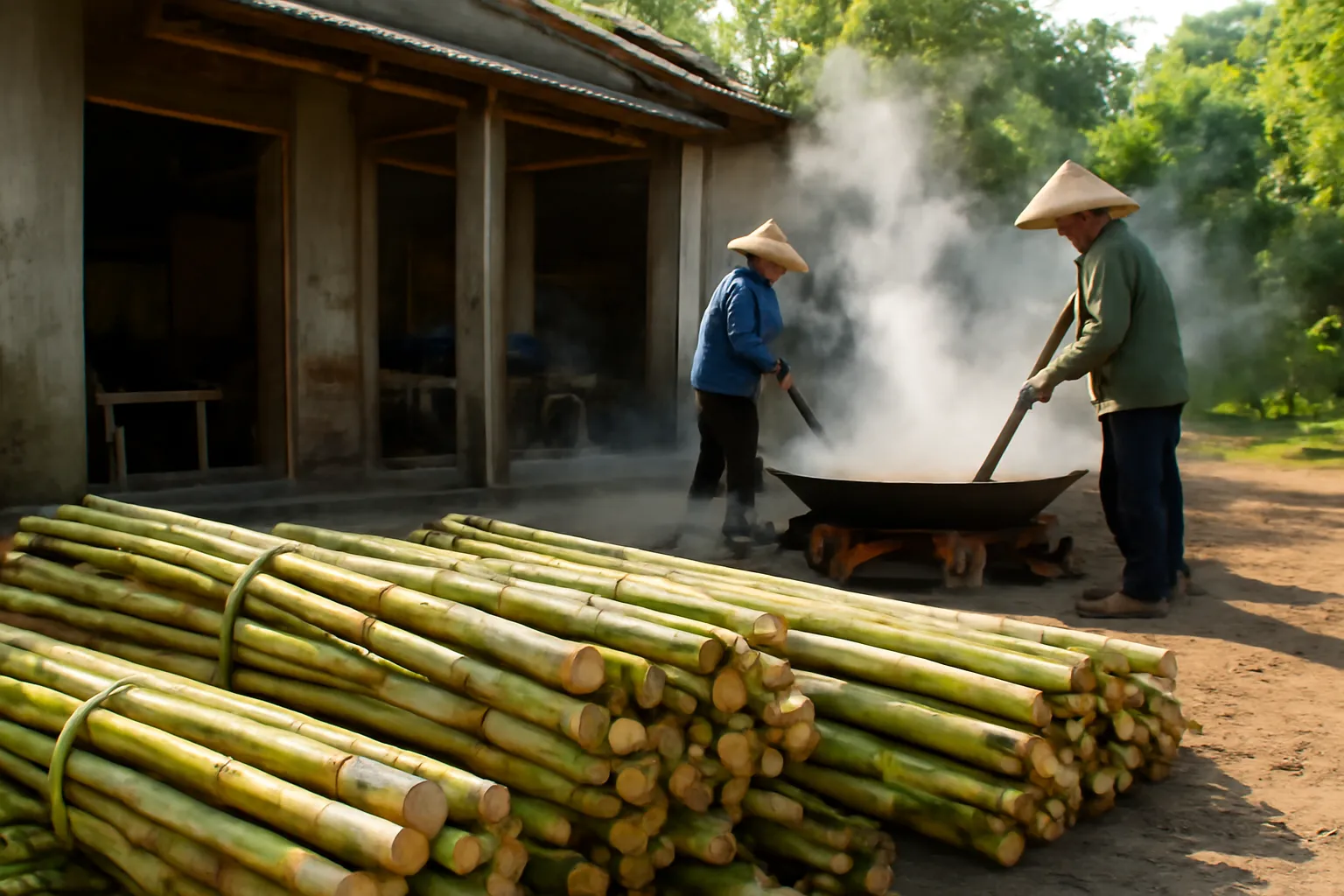 Bó mía chất cạnh lò nấu mật ở làng quê, hơi nước bốc trên chảo lớn