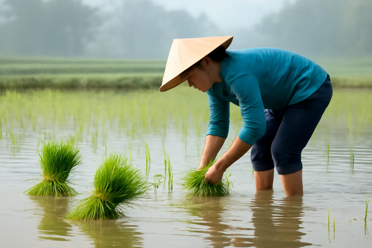 Những người phụ nữ cấy lúa trên ruộng nước buổi sáng se lạnh