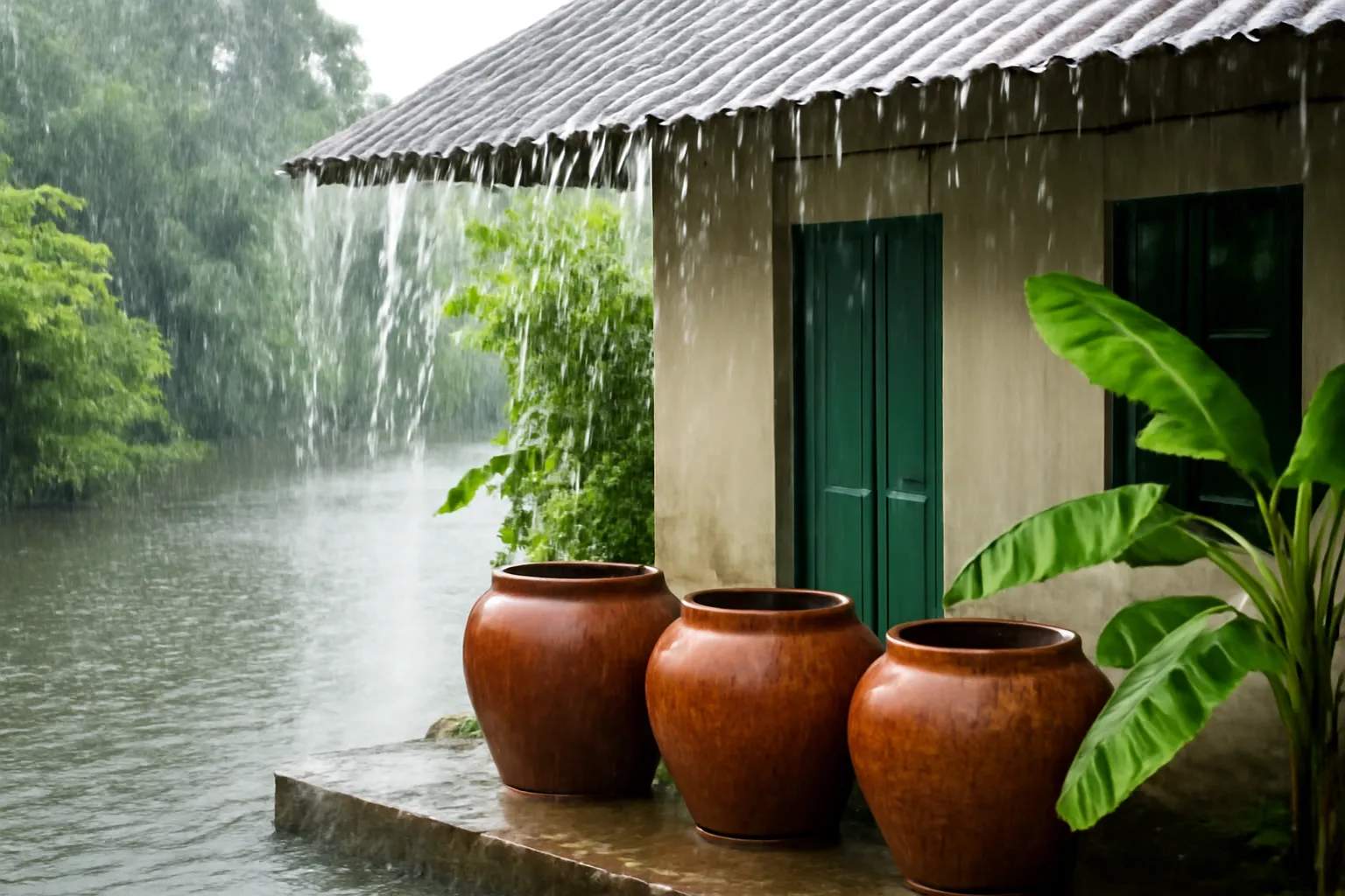 Mưa lớn trên mái tôn nhà ven kênh miền Tây, những chiếc lu sành hứng nước