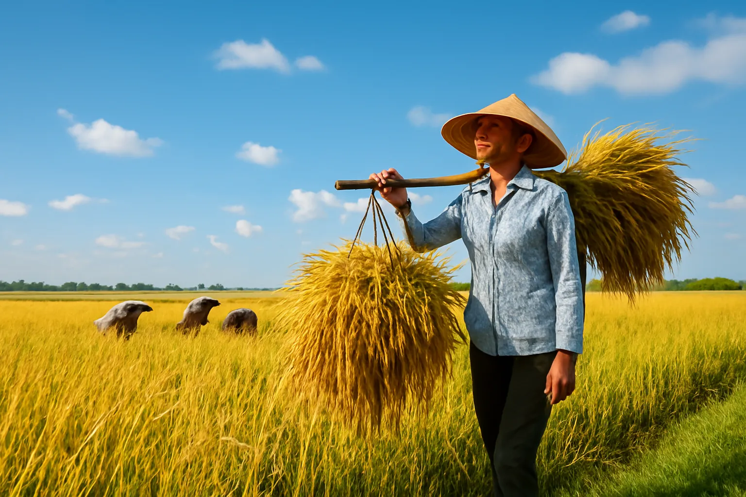 Người nông dân gặt lúa chín vàng, một người phụ nữ gánh lúa trên bờ ruộng