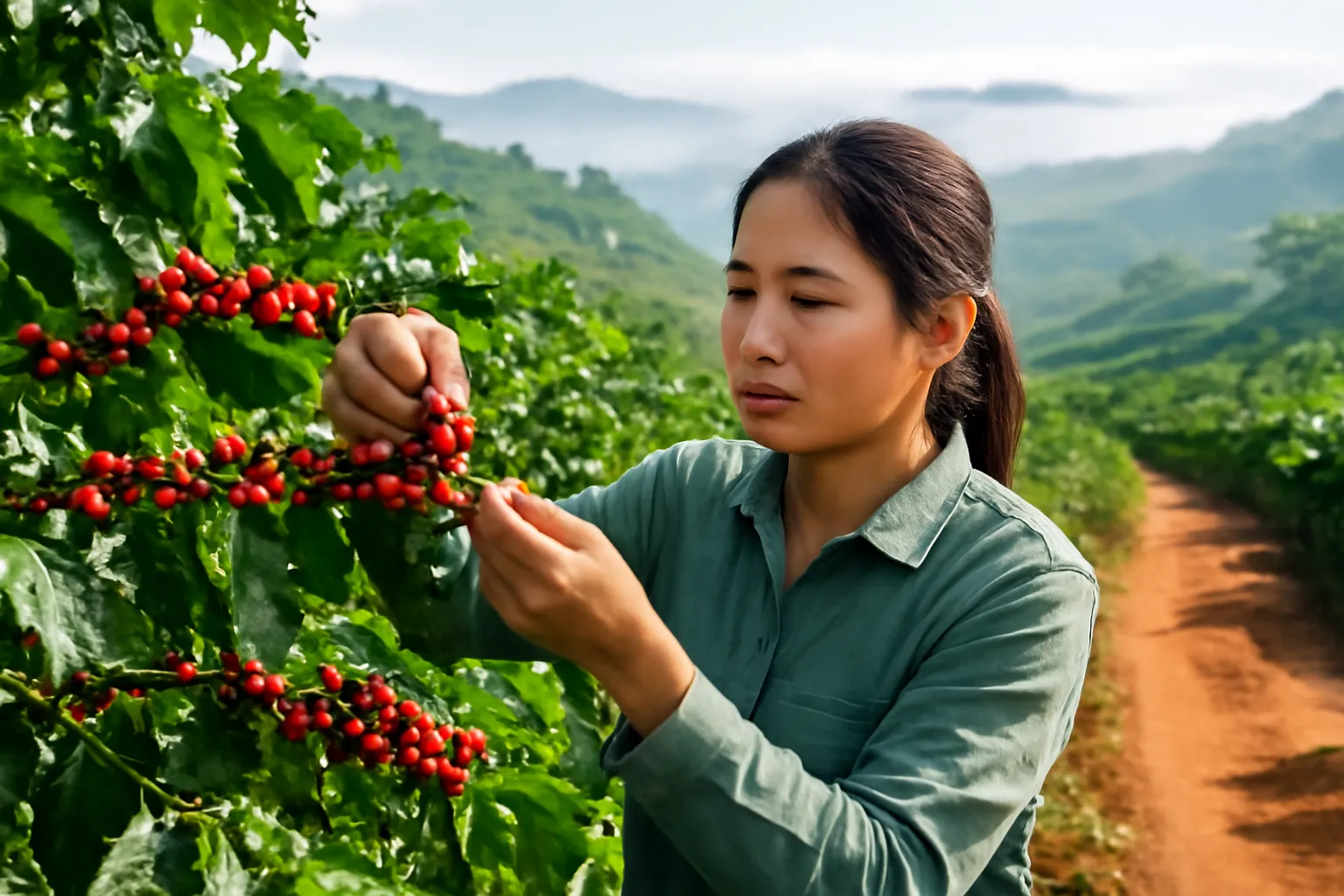 Người phụ nữ hái quả cà phê chín đỏ trên đồi, sương mờ buổi sáng
