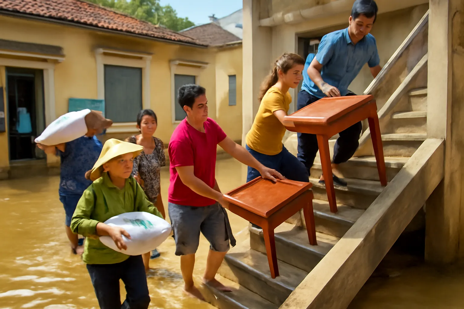 Người dân khiêng đồ đạc lên tầng trên, sân nhà ngập nước, hàng xóm giúp nhau