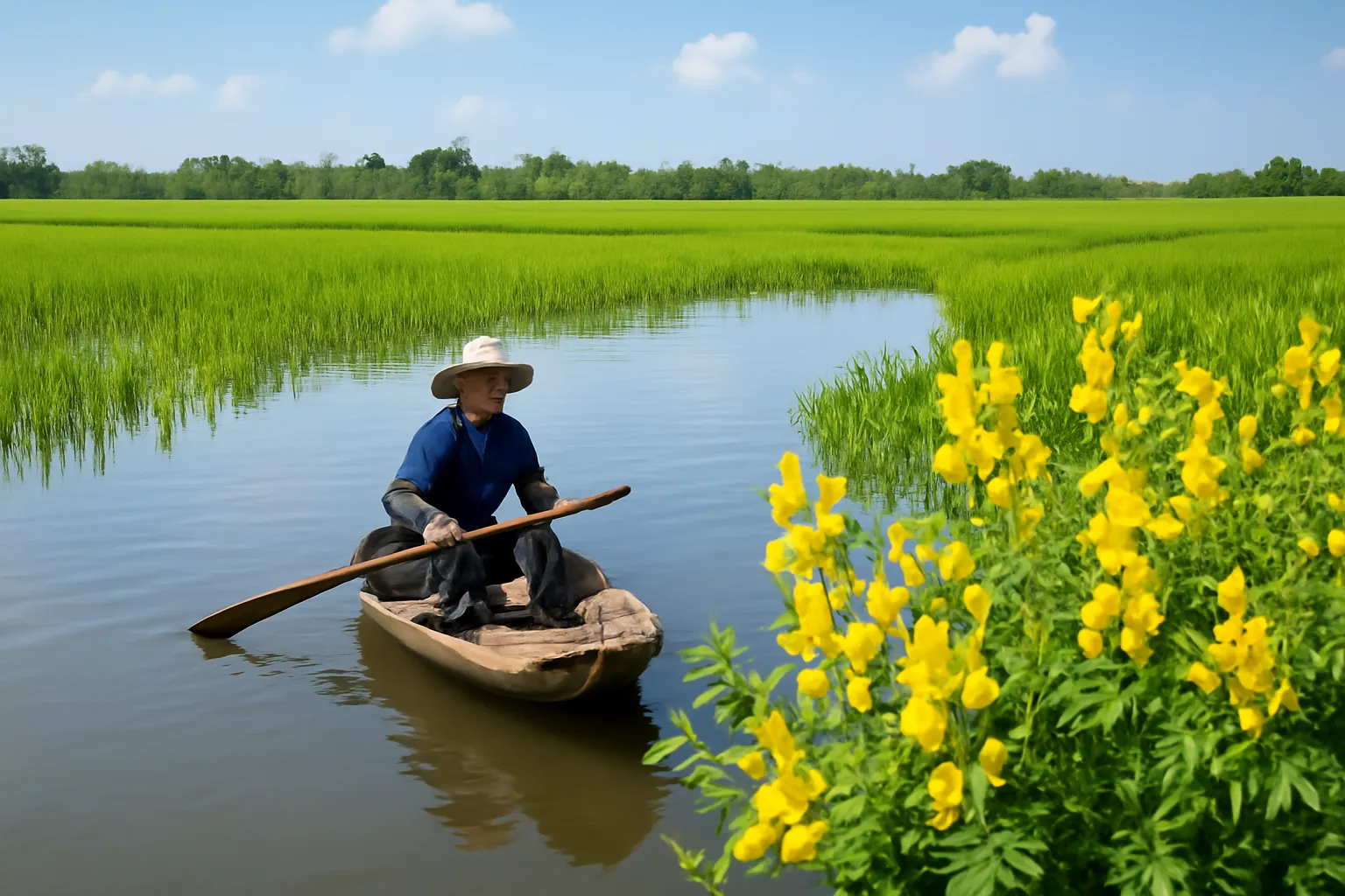 Người đàn ông chèo xuồng nhỏ trên cánh đồng ngập nước, bụi điên điển hoa vàng