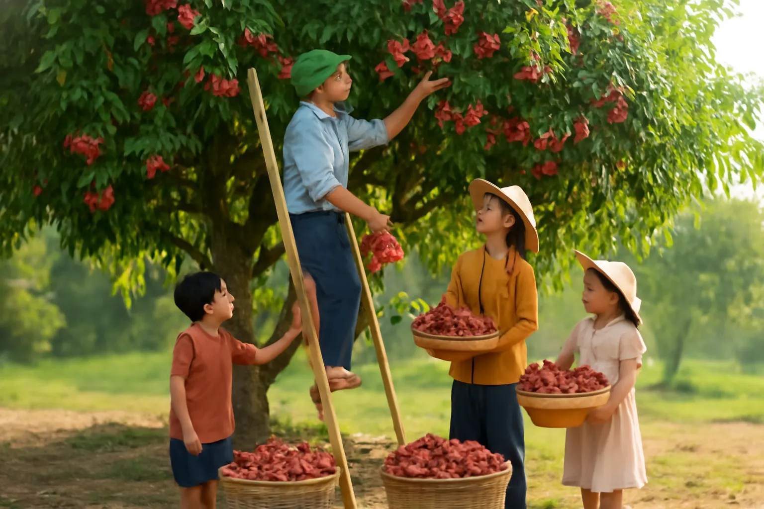 Gia đình hái vải chín đỏ trên cây bằng thang, những chiếc thúng đầy quả