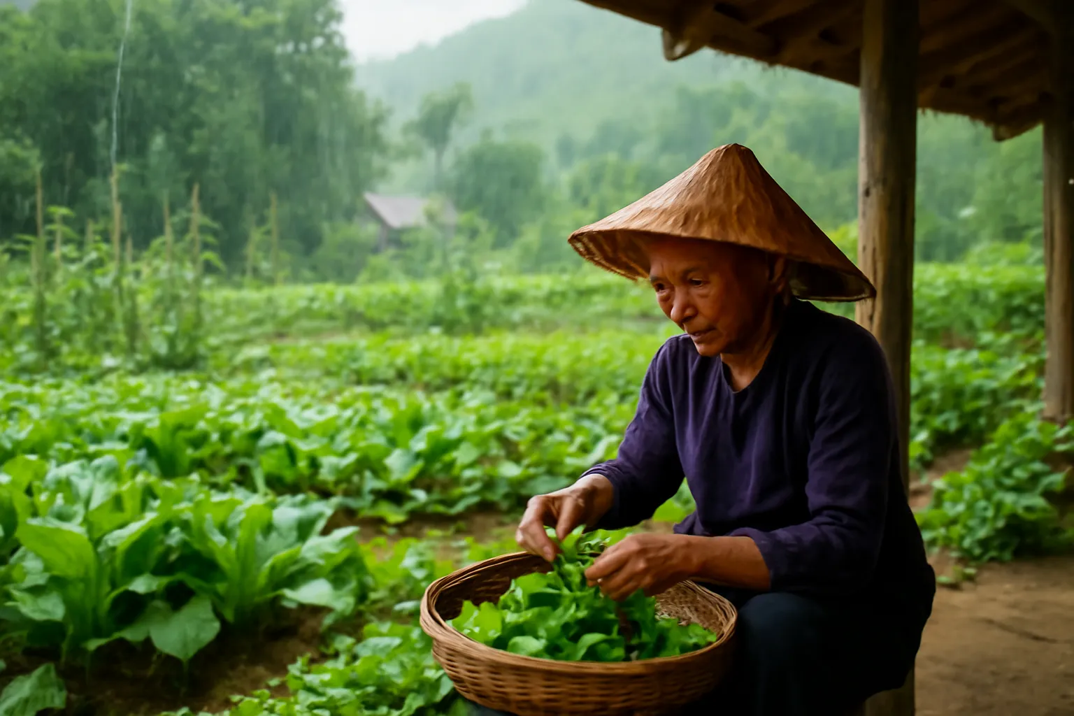 Mưa xuân lất phất trên vườn rau, người bà ngồi dưới hiên nhặt rau