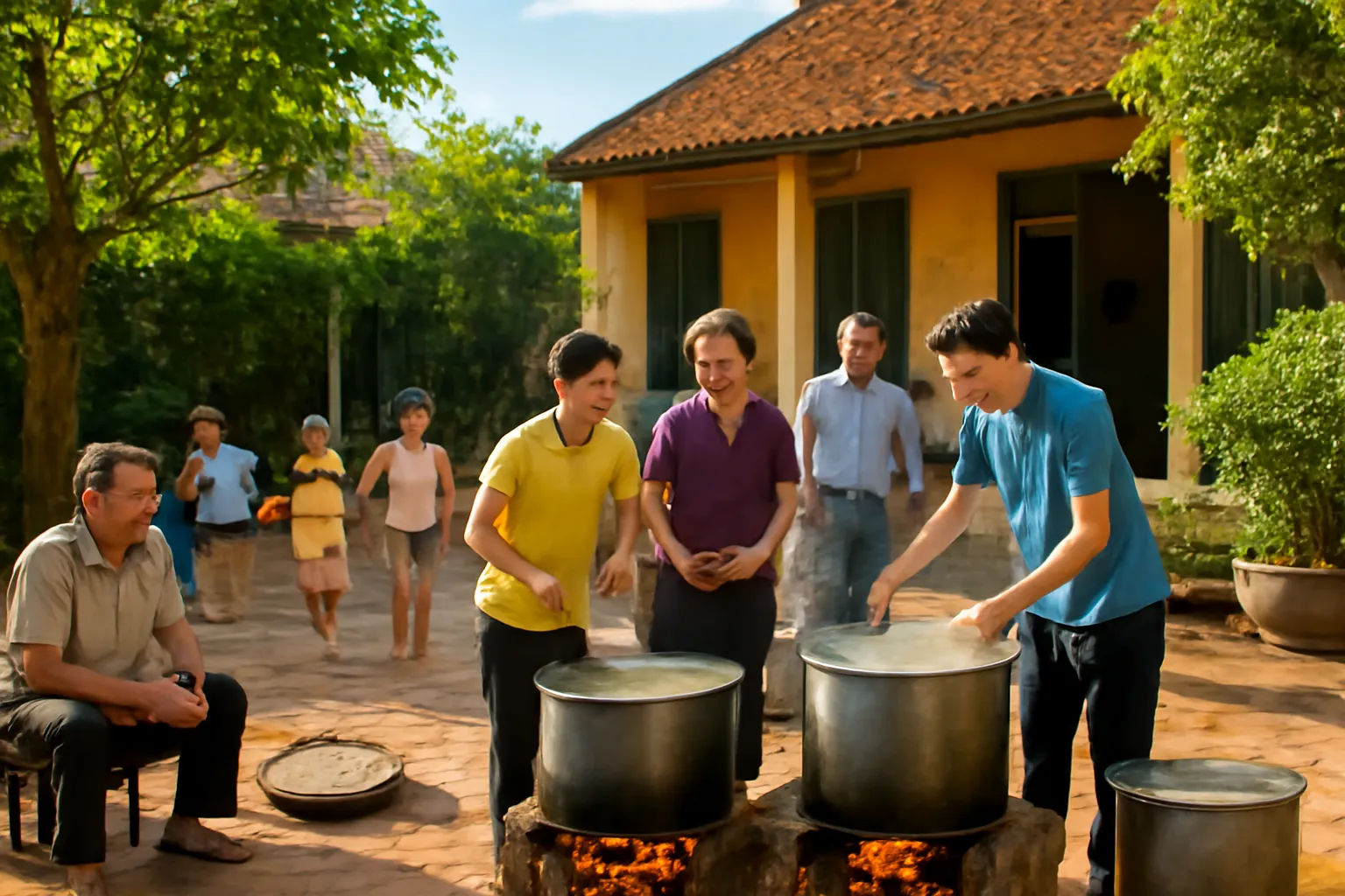 Đại gia đình tụ họp trong sân nhà quê, những người phụ nữ cùng nấu nướng