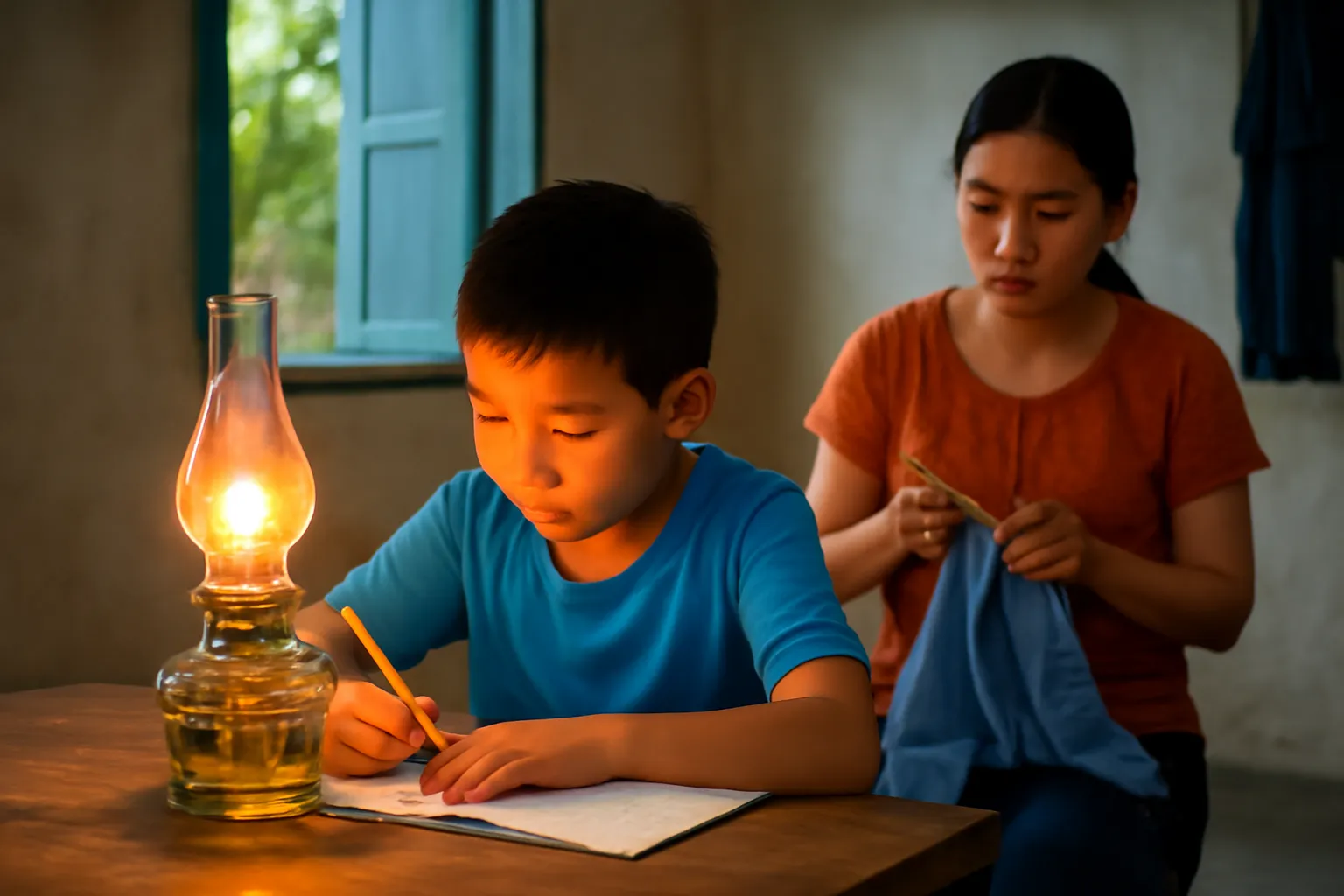 Ngọn đèn dầu trên bàn gỗ, đứa trẻ ngồi học bài dưới ánh sáng ấm