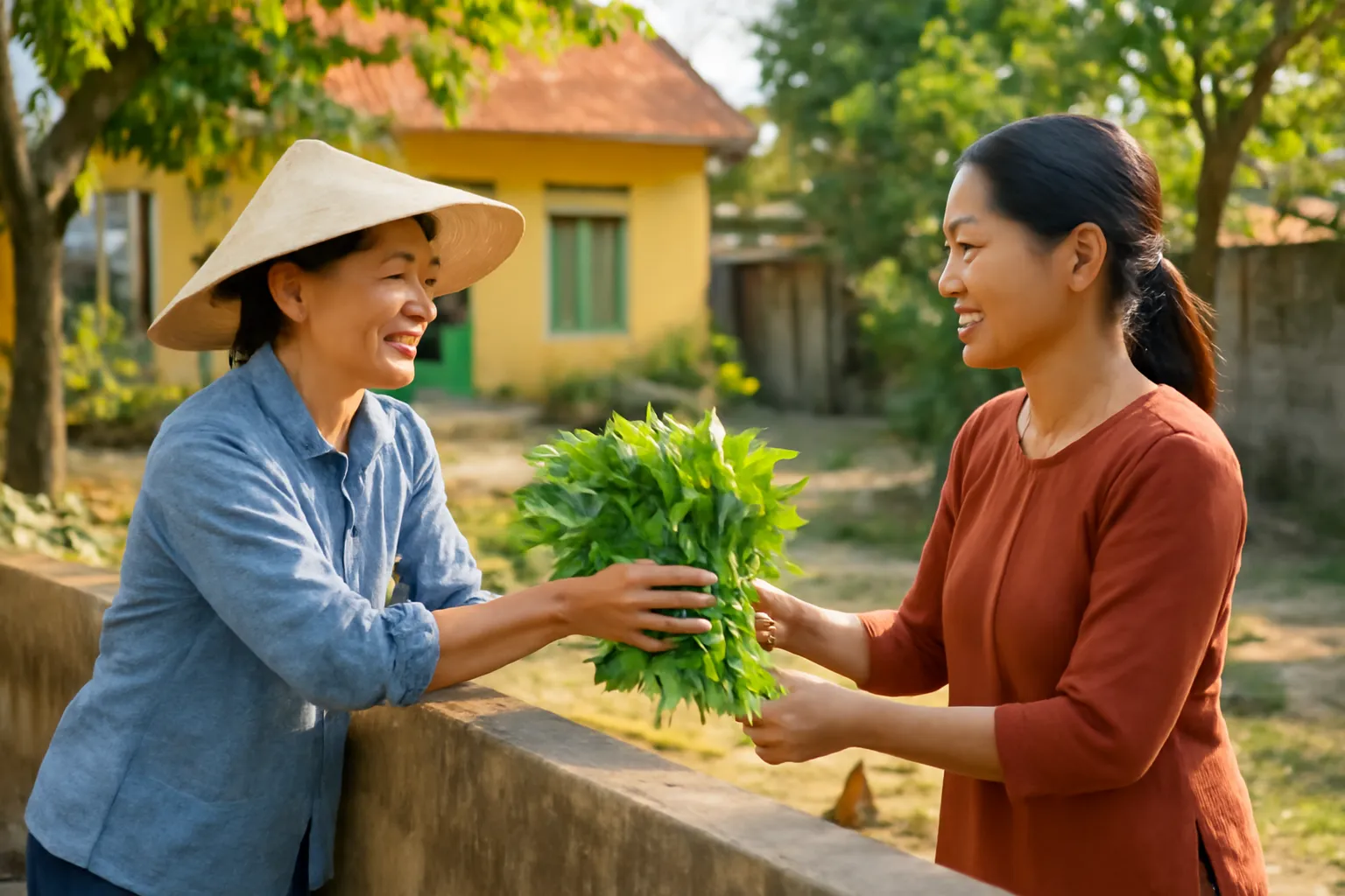 Hai người hàng xóm nói chuyện qua hàng rào thấp, một người đưa bó rau