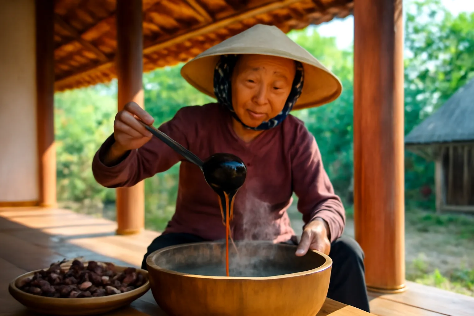 Người bà gội đầu cho cháu bằng nước thảo mộc trong chậu bên hiên nhà