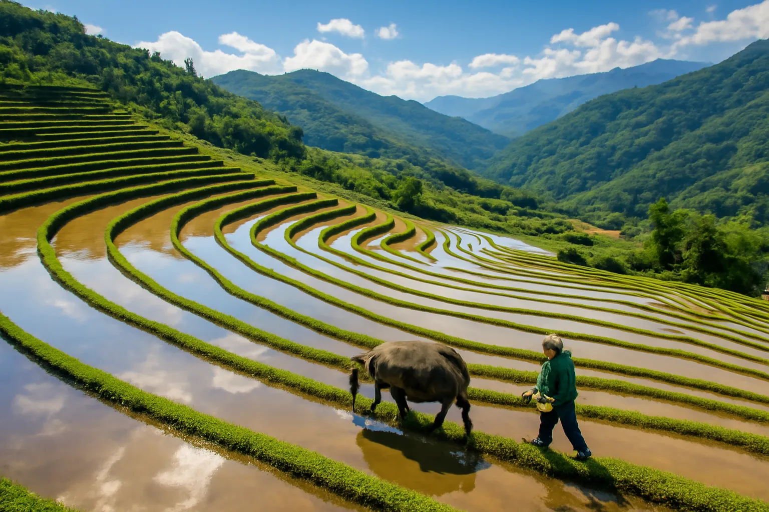 Ruộng bậc thang ngập nước phản chiếu bầu trời, người nông dân dắt trâu trên bờ
