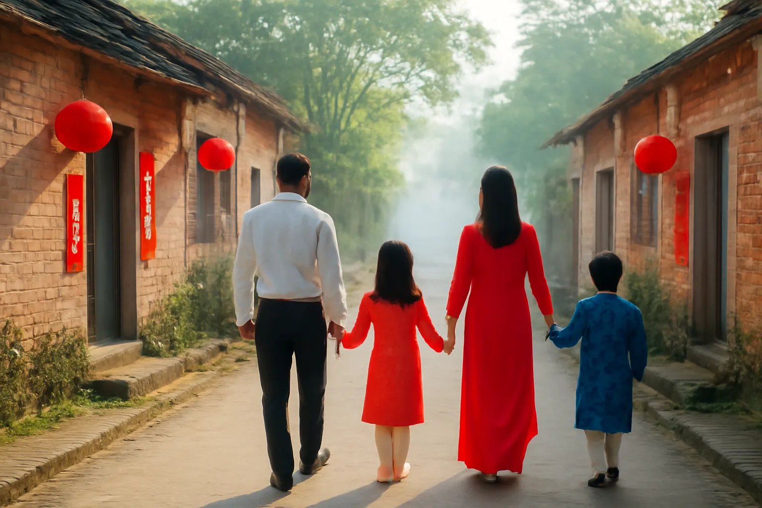 Đường làng yên tĩnh sáng mùng một, một gia đình mặc áo mới đi chúc Tết