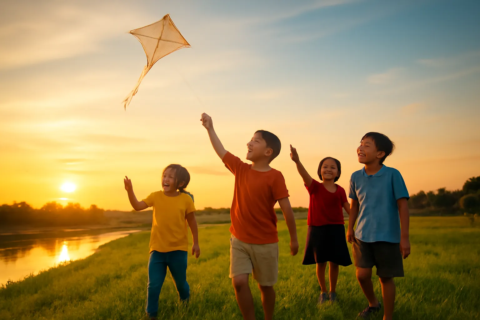 Những đứa trẻ thả con diều tự làm trên con đê ven sông lúc hoàng hôn