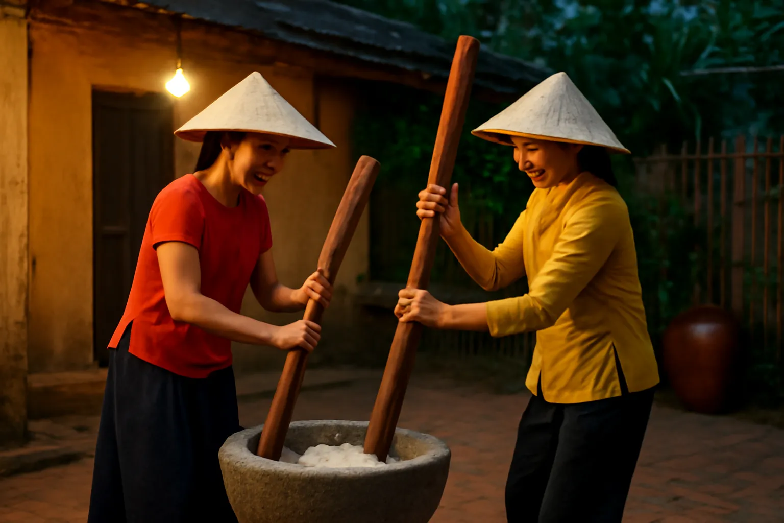 Hai người phụ nữ giã gạo bằng chày gỗ trong cối đá dưới ánh đèn