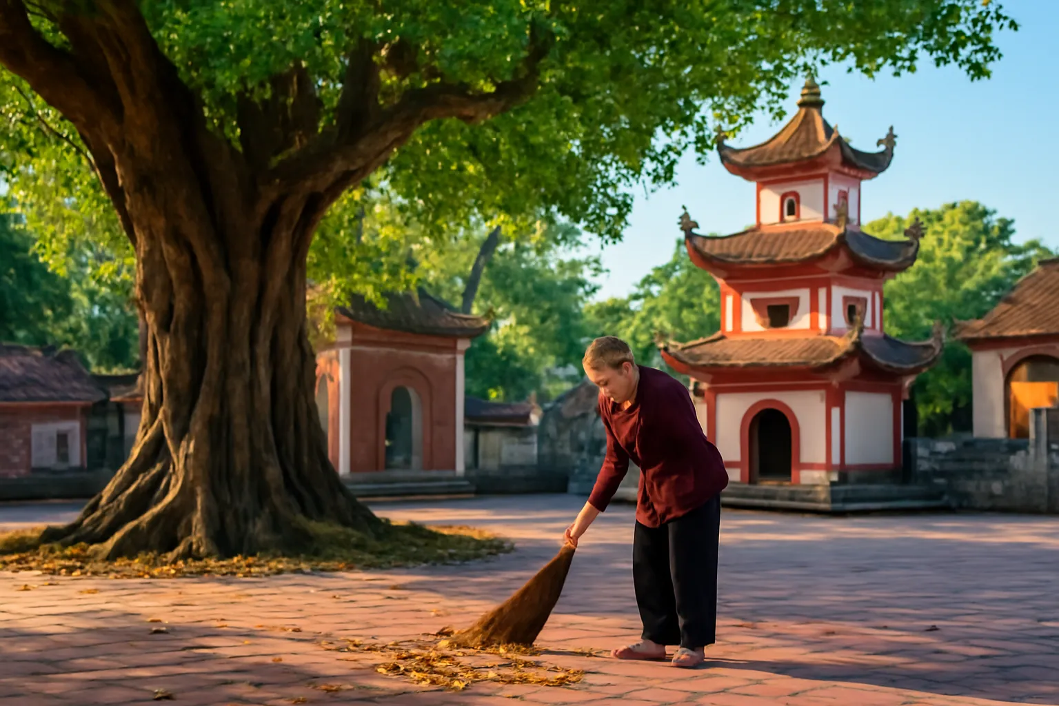Sân chùa làng nhỏ có cây đa lớn, người phụ nữ lớn tuổi quét lá