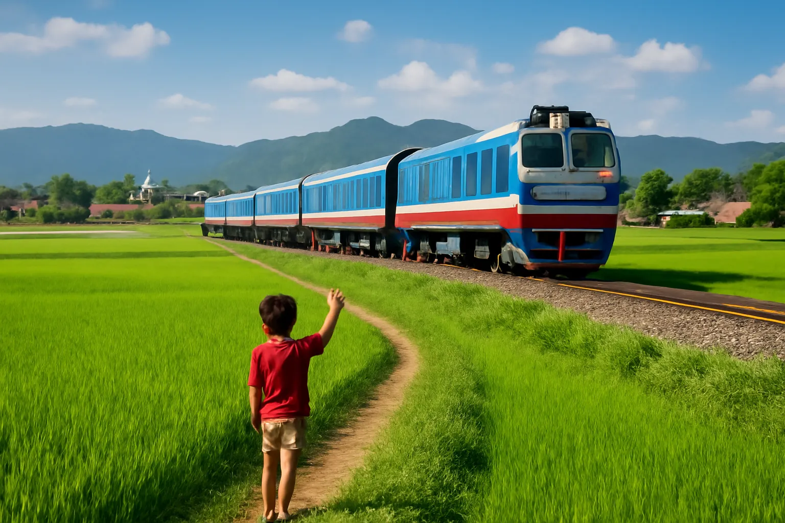 Đoàn tàu chạy qua cánh đồng lúa gần làng, đứa trẻ đứng xa trên bờ ruộng vẫy tay