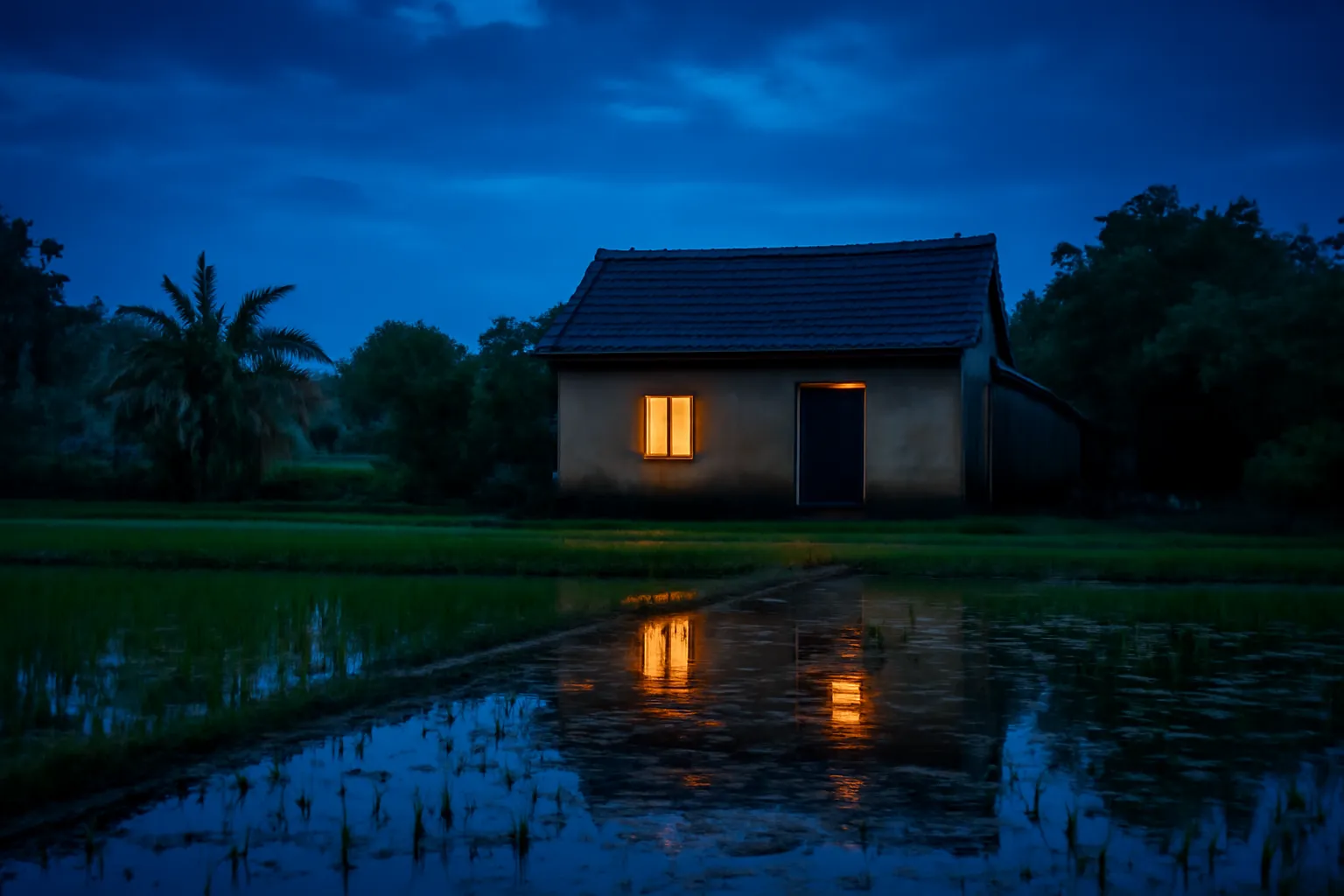 Ngôi nhà quê ban đêm sau mưa, cửa sổ sáng đèn, ruộng ướt phía trước