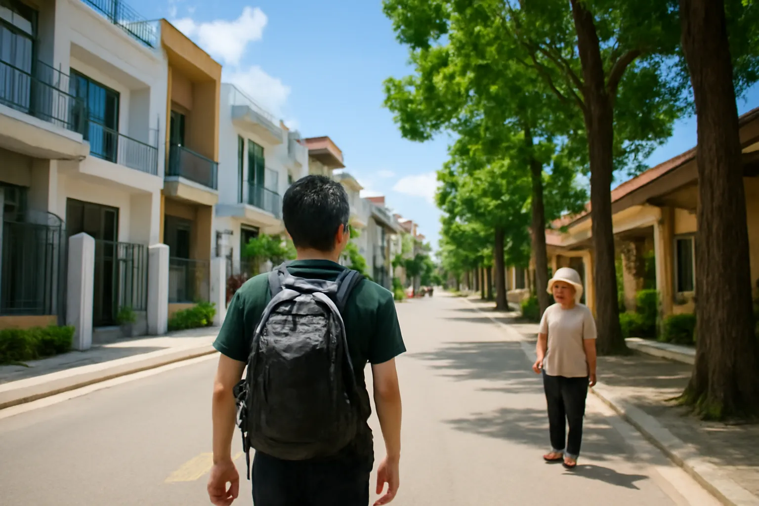 Người mang ba lô đi bộ vào con đường làng có nhà mới và cây cổ thụ