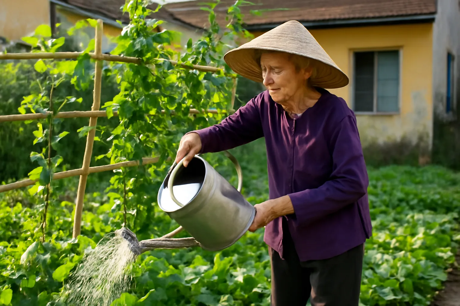 Người bà tưới vườn rau sau nhà bằng bình tưới, giàn mồng tơi xanh