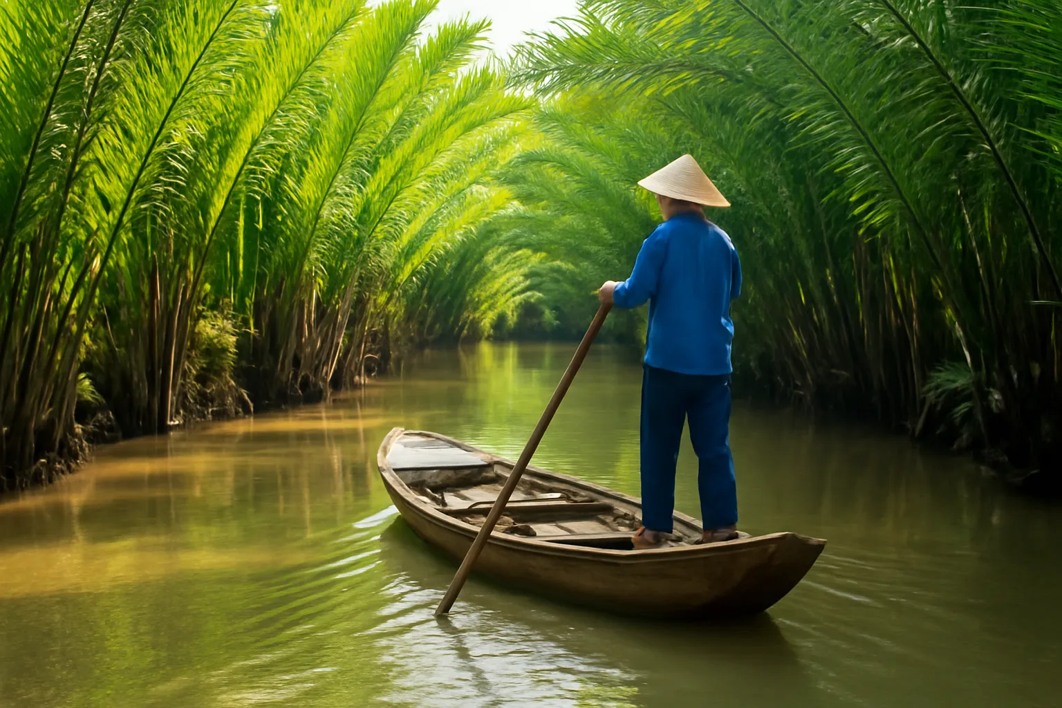 Chiếc xuồng gỗ nhỏ lướt qua con kênh hẹp hai bên là dừa nước