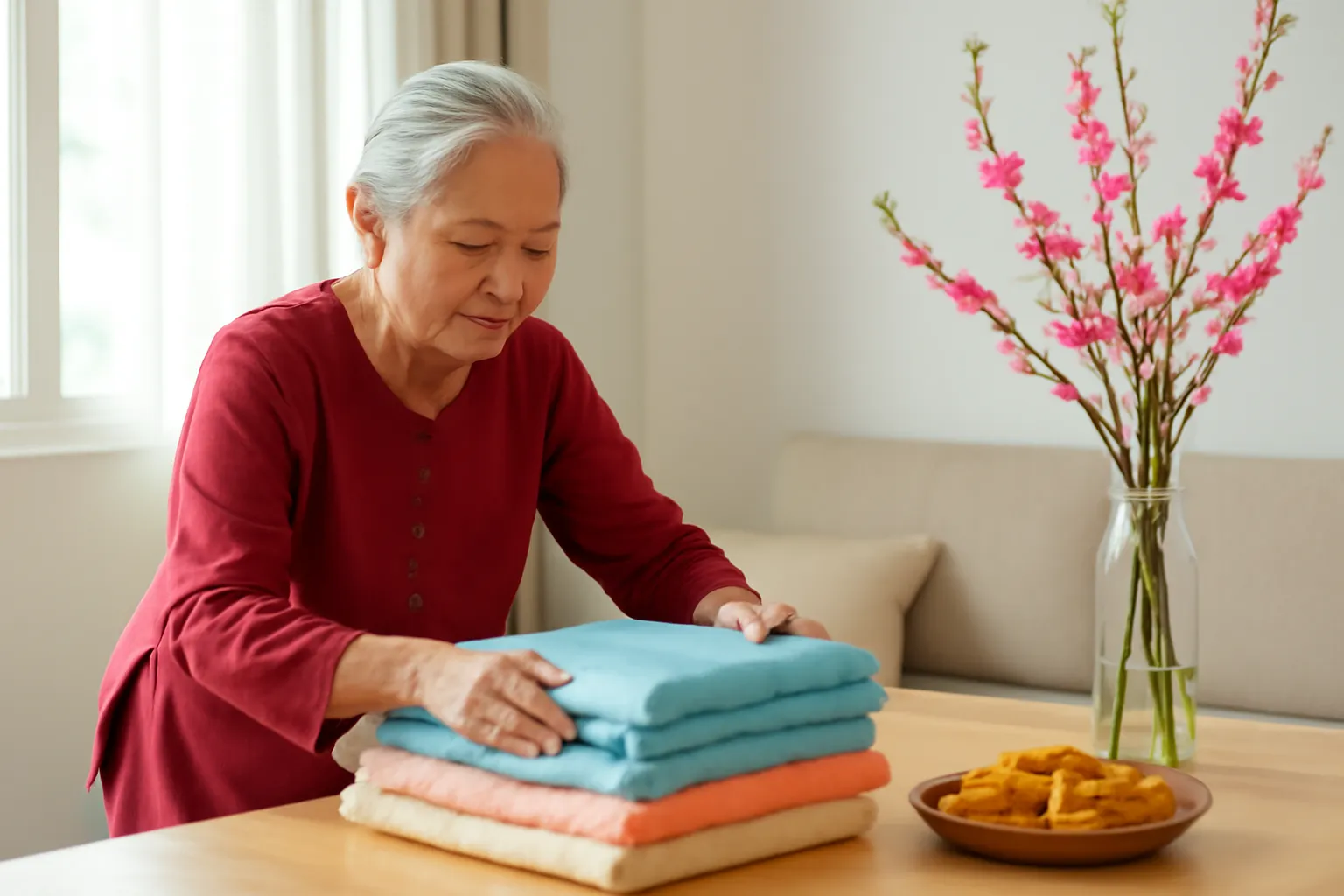 Bà cụ gấp chăn màn trong căn nhà vắng sau Tết, mâm bánh còn trên bàn