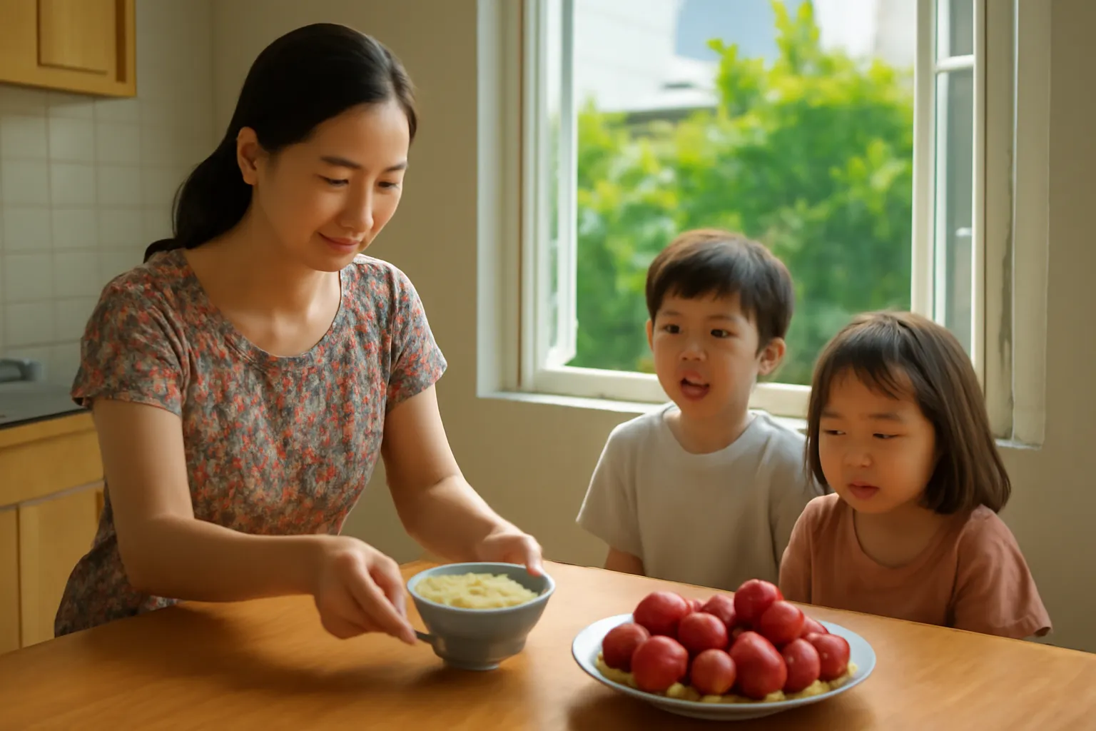 Người mẹ bày bát rượu nếp và đĩa mận lên bàn gỗ buổi sáng sớm