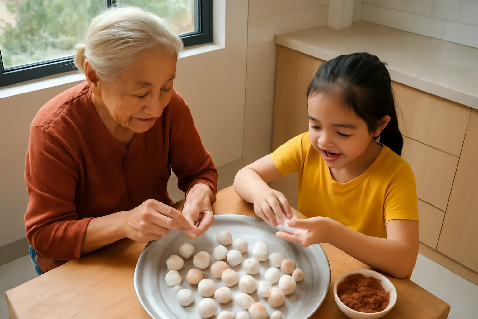 Bà và cháu ngồi nặn những viên bánh trôi trắng trên chiếc mâm nhôm