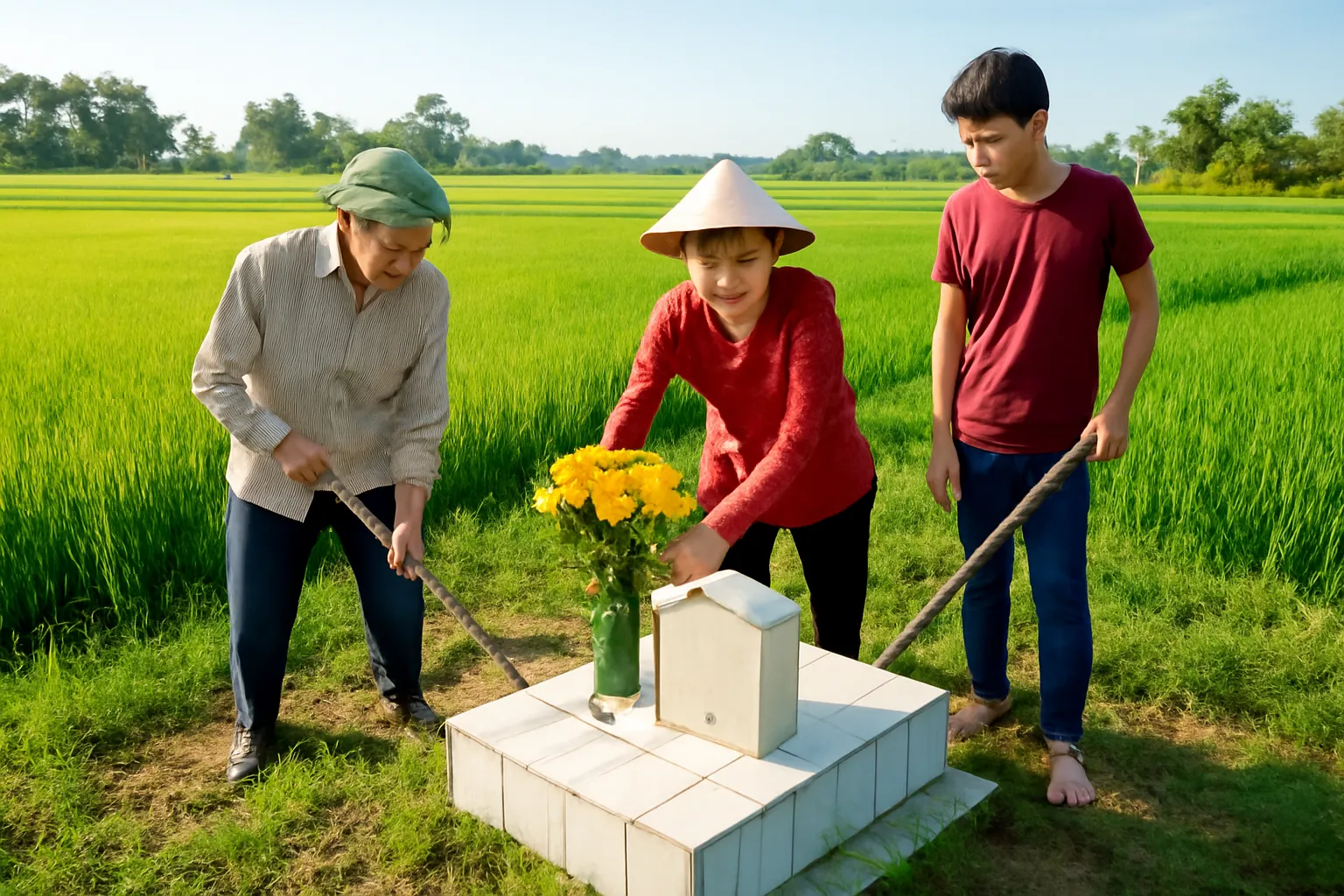Gia đình nhổ cỏ, đặt bó hoa cúc vàng lên ngôi mộ giữa cánh đồng xanh