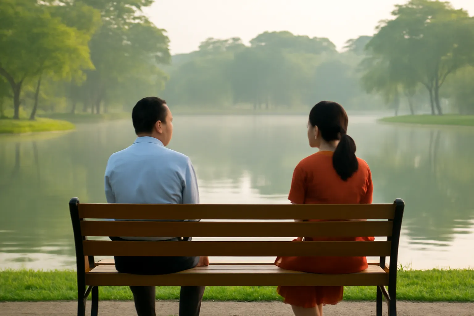 Hai vợ chồng ngồi ở hai đầu một băng ghế công viên buổi sáng sớm, nhìn về phía hồ