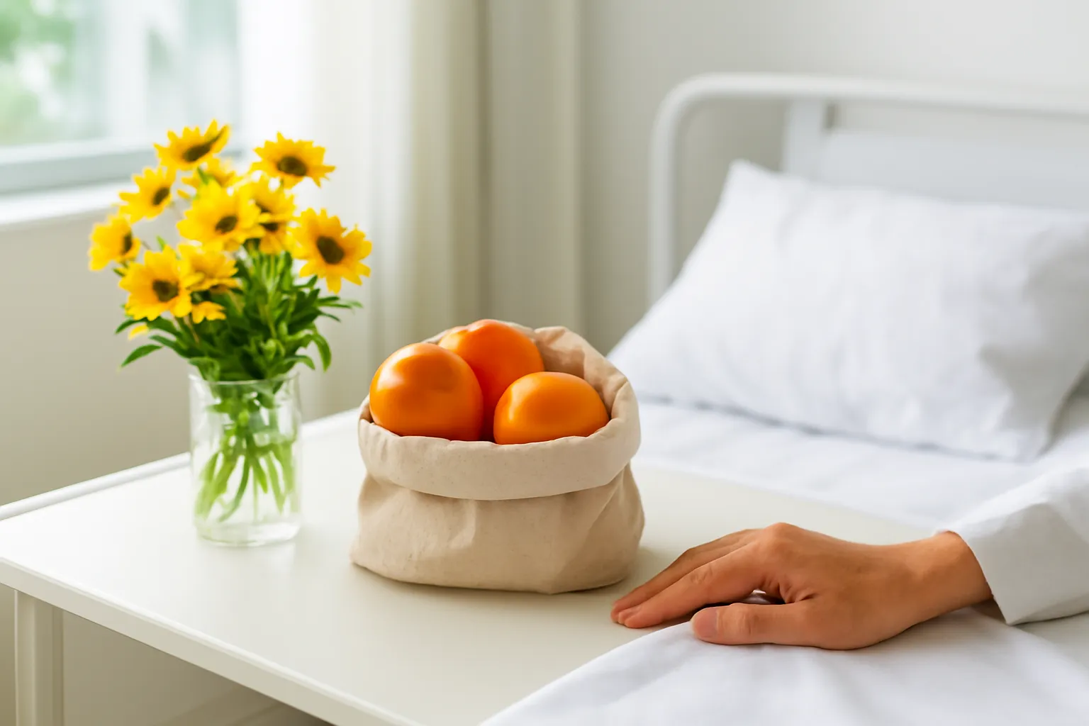 Bó hoa nhỏ và túi trái cây đặt trên bàn cạnh giường bệnh