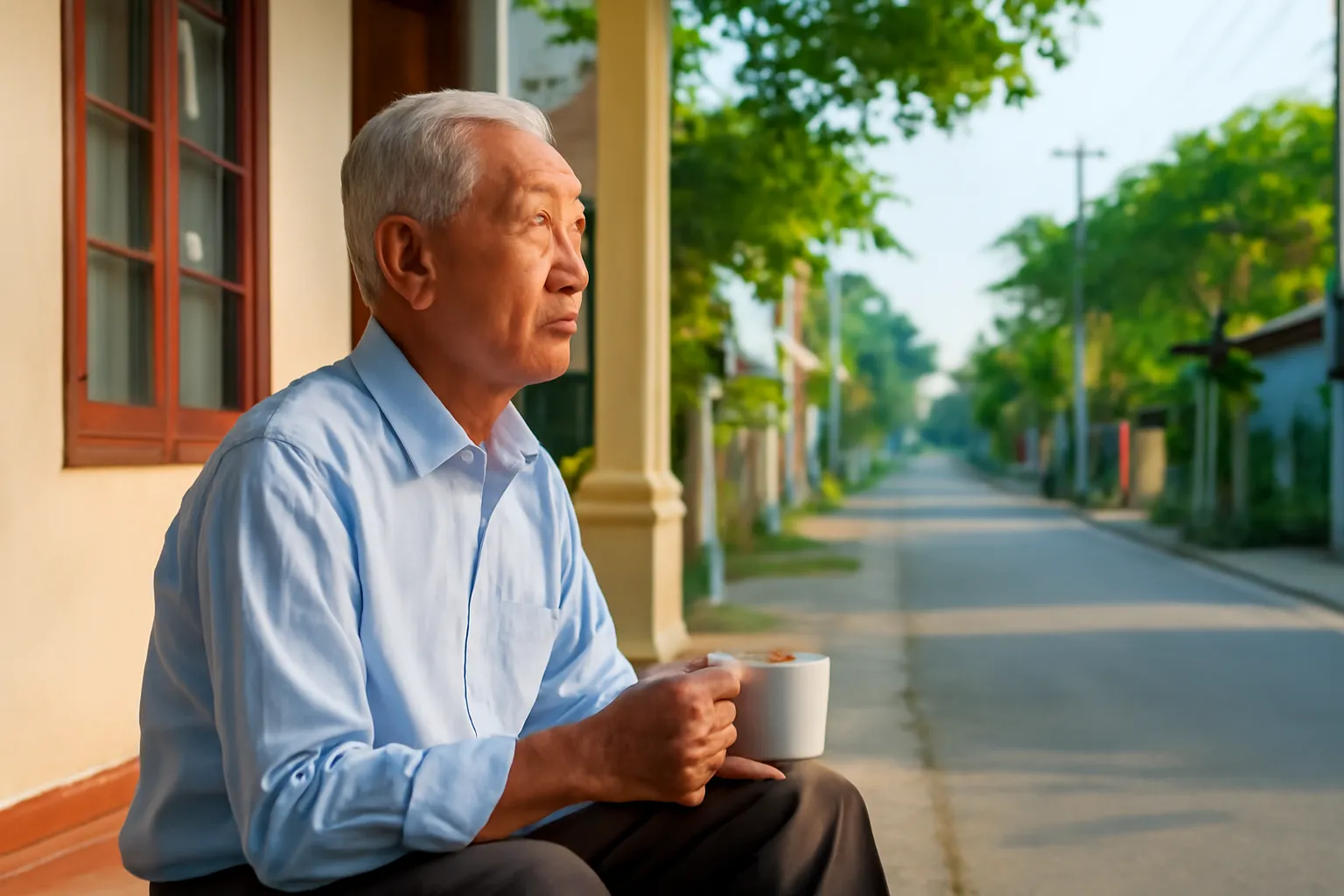 Thầy giáo về hưu ngồi trước hiên nhà lúc sáng sớm bên tách trà nóng