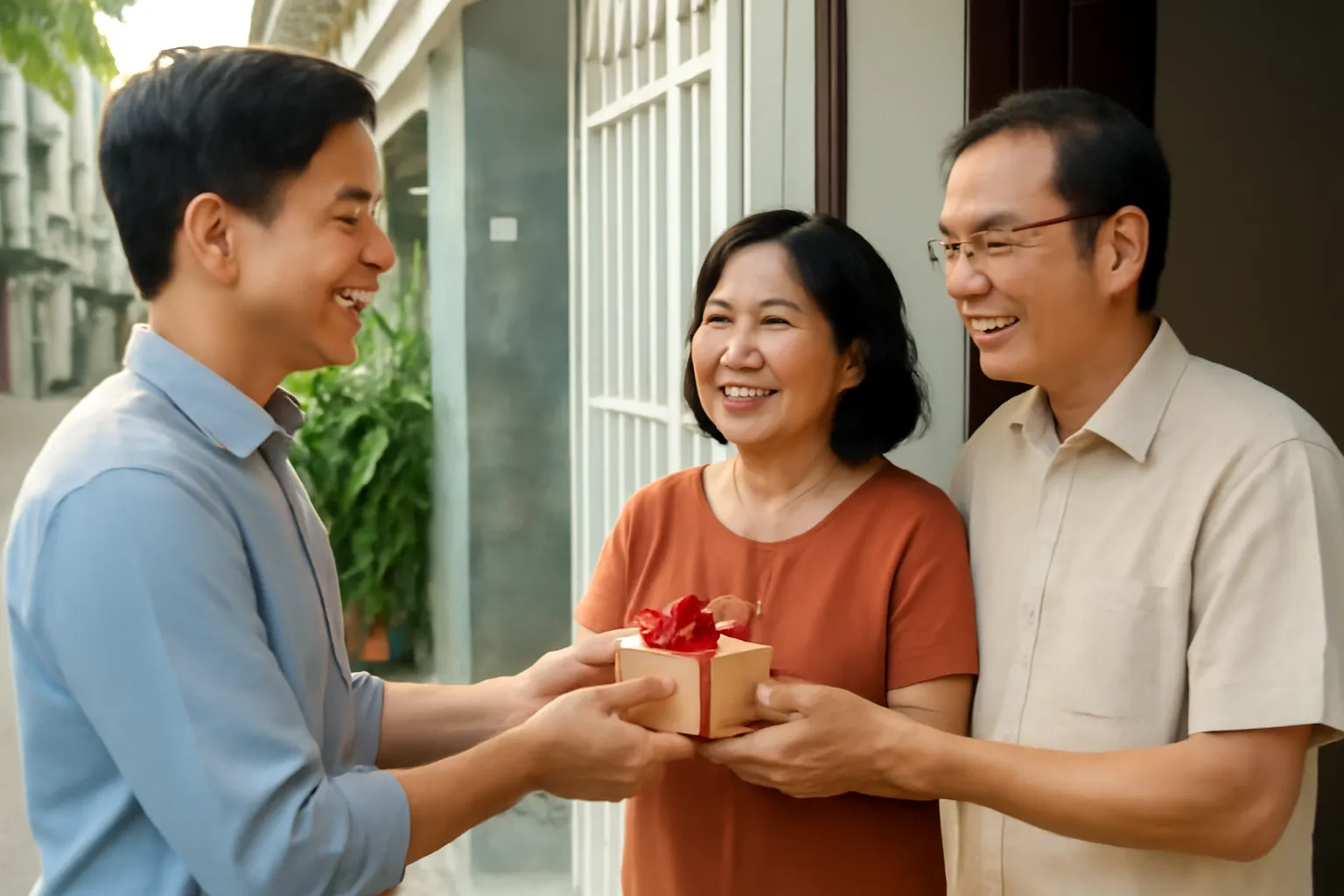 Chàng trai trẻ trao gói quà cho bố mẹ ở cửa nhà