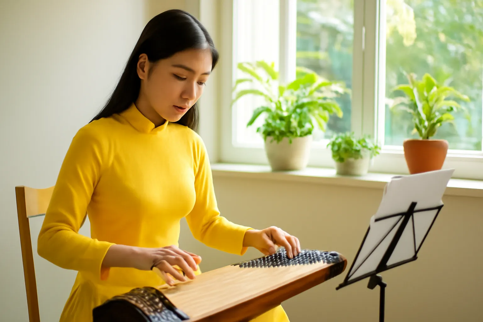 Cô gái trẻ ngồi chơi đàn tranh trong căn phòng nhỏ đầy nắng
