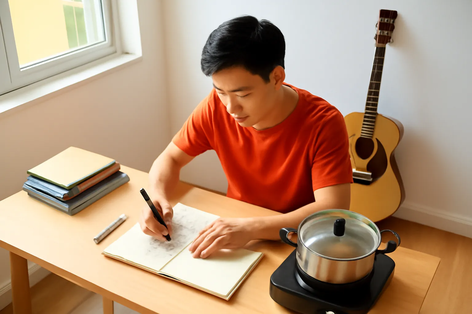 Chàng trai trẻ ngồi vẽ ở bàn, bên cạnh có nồi bếp và chồng sổ