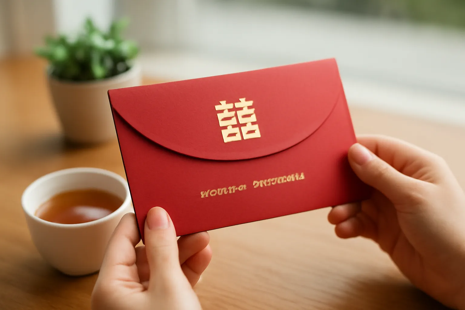 Đôi tay cầm phong bì thiệp cưới màu đỏ trên mặt bàn gỗ, góc chụp thấp