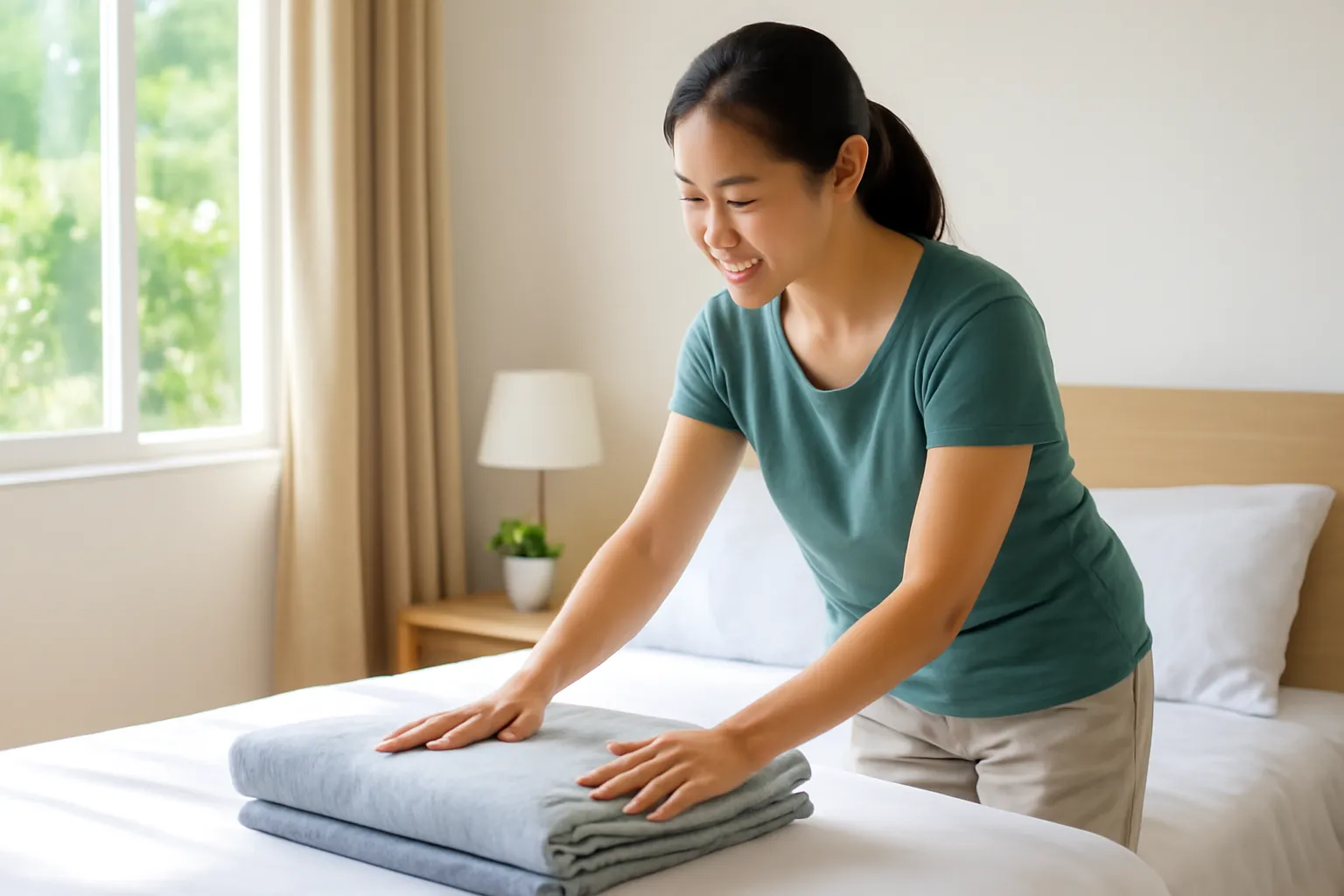Người gấp chăn, dọn giường gọn gàng trong ánh nắng sáng sớm