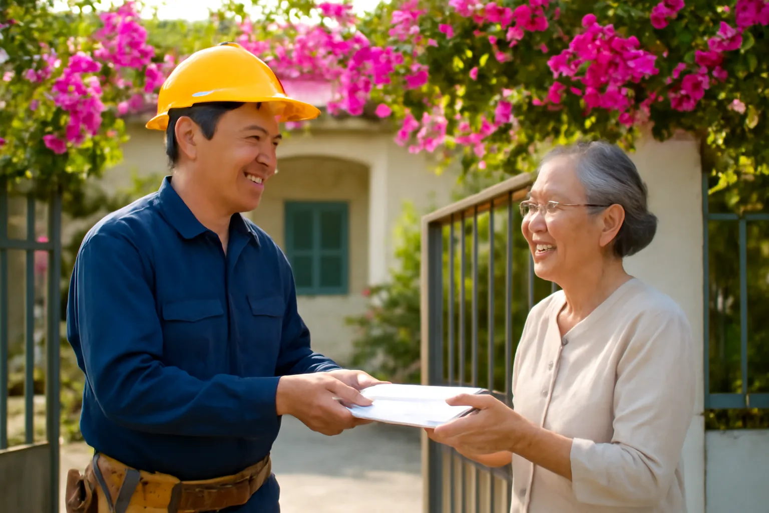 Người đàn ông trung niên trao phong bì cho thầy giáo già ở cổng nhà